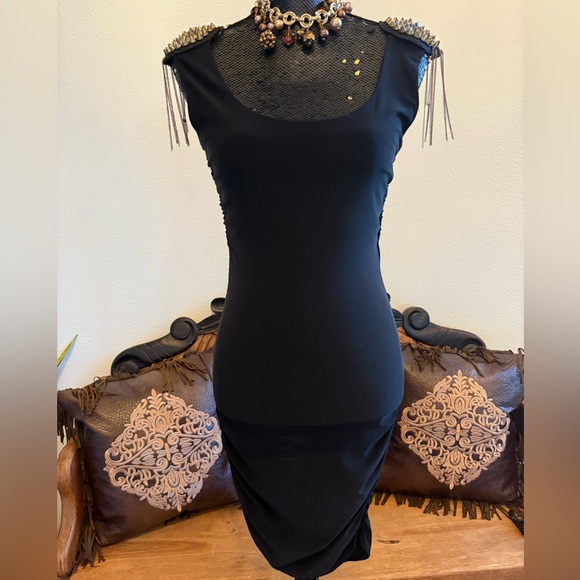 Symphony Vintage Black Midi Bodycon Dress With Chain Fringe & Studded Shoulders - Picture 1 of 9